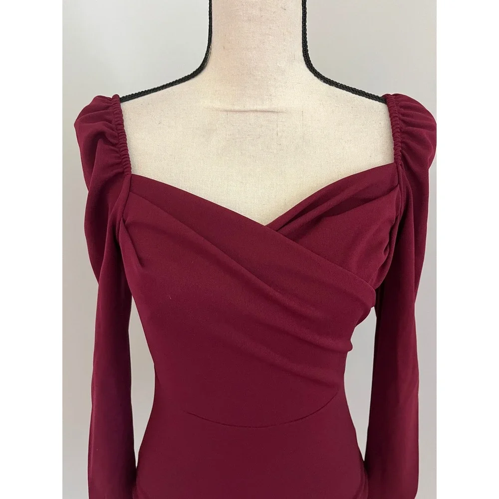 Long Sleeve Puff Shoulder Blouse Small Sweetheart Neck Vamp Wine Red Romantic - Picture 2 of 8